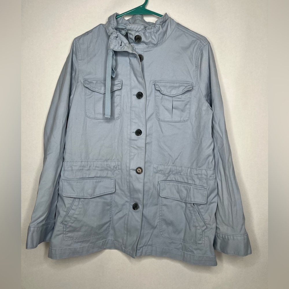 TALBOTS Light Blue Utility Jacket Cotton Blend M Buttons Zip Drawstring Canvas